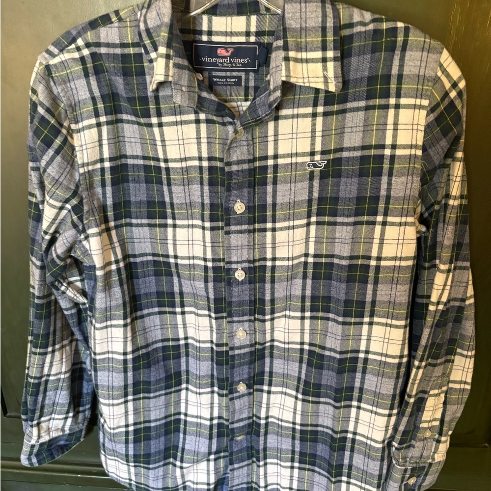 Vineyard Vines Navy and Green Plaid Flannel Shirt